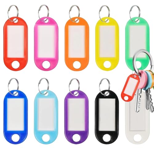GNALIA 50 Pièces Porte Carte Plastique, Porte-Clés Étiquette 4.8X2.2Cm Avec Carte Inscriptible Pour Identification, 10 Couleurs: Rouge Bleu Ciel Bleu Foncé...