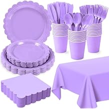 176 PCS Purple Party Decorations - Light Purple Scalloped Plates, Napkins, Cups, Cutlery, Tablecloth for Baby Shower, Wedding, Lavender Birthday Decorations, Serves 25