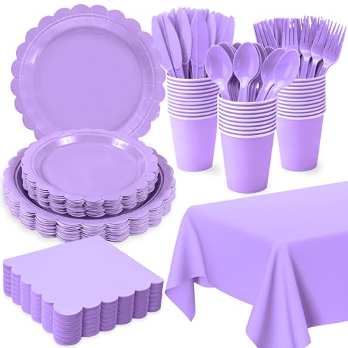 176 PCS Purple Party Decorations - Light Purple Scalloped Plates, Napkins, Cups, Cutlery, Tablecloth for Baby Shower, Wedding, Lavender Birthday Decorations, Serves 25