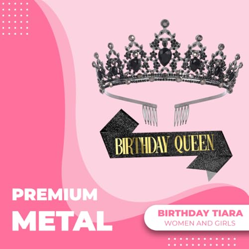 Birthday Tiara Crown with Sash for Women, Headband Hair Accessories for Wedding Party Costume Black