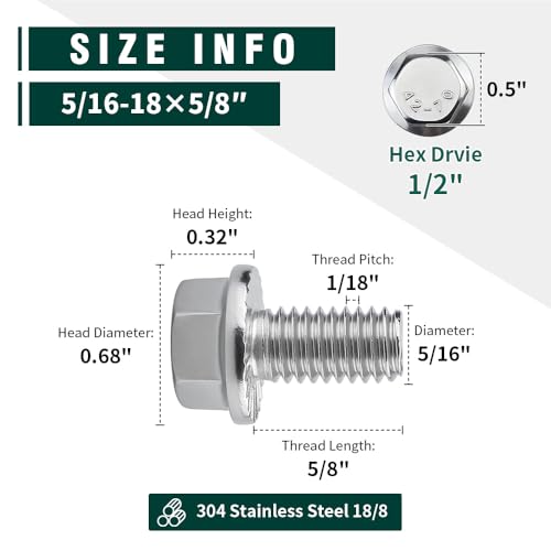 Image of 5 /16-18 x 5 /8 inch Flanged Hex Head Bolts Screws, 304 Stainless Steel 18-8, Full Thread, Coarse Thread, 12 PCS