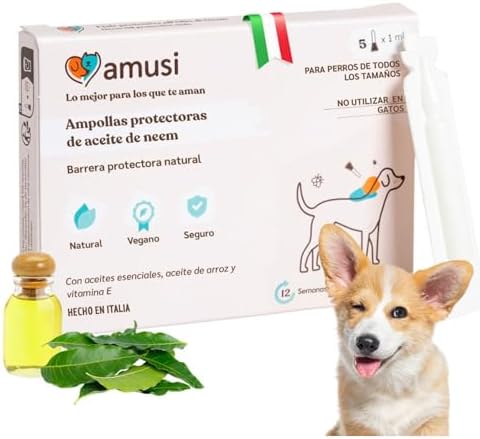 amusi Ampollas Protectoras de Aceite de Neem para Perros - 5 Ampollas de 1 ml - Antiinsectos Antipulgas - contra Garrapatas Pulgas Mosquitos Piojos - pipetas antiparasitarias Perros