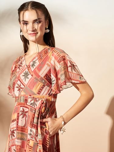 Image of Miss Chase Women's Floral V-Neck Flutter Sleeve Wrap Chiffon Maxi Dress