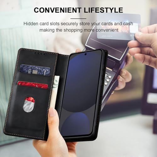 Image of Jasonyu Flip Wallet Case for Samsung Galaxy S24 FE,Leather Magnetic Folio Cover with Card Holder,Kickstand - TPU Shockproof Durable Protective Phone Case,Black