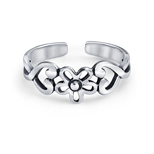 Bling Jewelry Flowers And Heart carved Swirl Cut Out Filigree Midi Band Toe Ring For Women .925 Silver Sterling Mid Finger Adjustable
