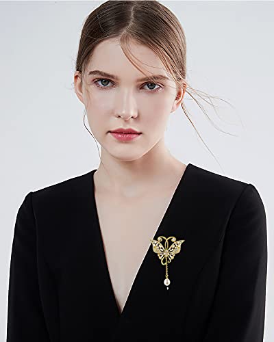 Cowlyn Butterfly Brooch Pearl Pendant Rhinestones 18K Gold Cute Animal Clips Women Girls Wedding Bridal Pins Jewelry #TOP1