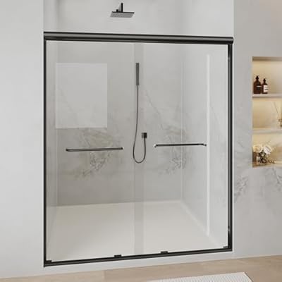 Findepot 50-54" W x 70" H Double Sliding Shower Door, Semi-Frameless Shower Door with 1/4"(6mm) Clear Tempered Glass, Silent Soft-Close Door for Walk-in Shower, Matt Black