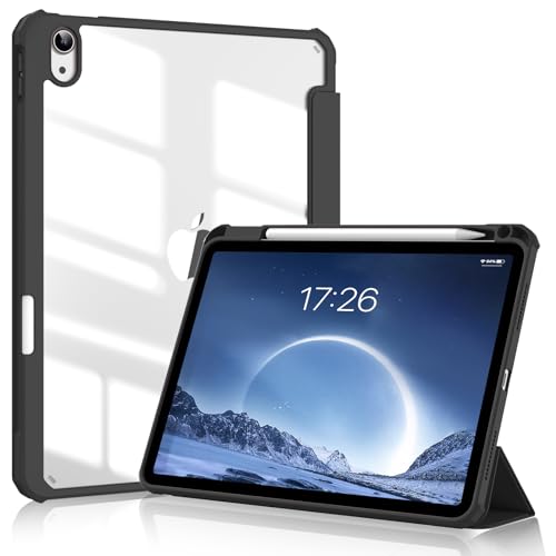 SQBEBS iPad 11世代 ケース A16 (2025) iPad 第11/10世代 10.9インチ (2022) 透明バックカバー ペンシルホルダー付き 三つ折りスタンド Touch IDとオートスリープ機能対応 軽量 薄型 傷つけ防止 PU合成レザー TPU ブラック