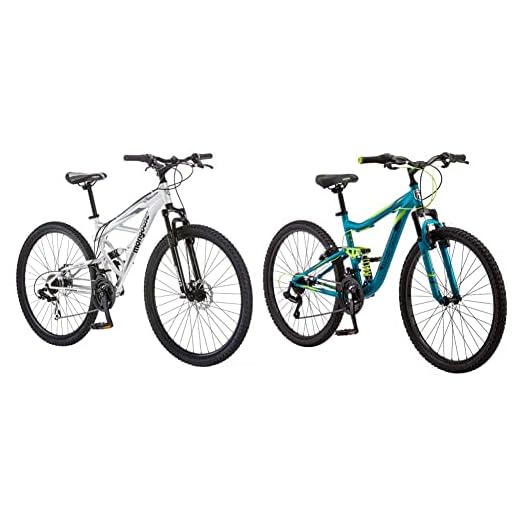 Mongoose Impasse Mens Mountain Bike, 29-Inch Wheels, 21-Speed Rear Deraileur, Silver & Status 2.2 Womens Mountain Bike, 26-Inch Wheels, 21-Speed Shifters, Aluminum Frame, Dual Suspension, Teal