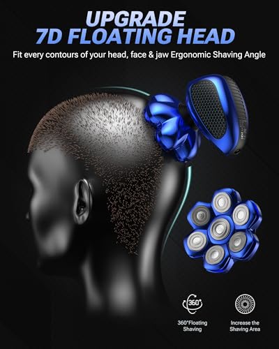 Image of Head Shaver for Bald Men, 7D Floating Electric Razor, Close Smooth Shave for Head, Flexible Heads, Replaceable Blade, IPX7 Waterproof Wet Dry Use, LED Display, USB Charging Blue