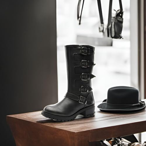 Image of GLOBALWIN Chunky Mid Calf Fashion Dressy Motocycle Biker Military Style Combat Boots for Women Low Heel