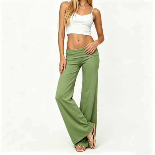 Image of Lounge Yoga Pants for Women Fold Over Low Waist Wide Leg Bell Bottoms