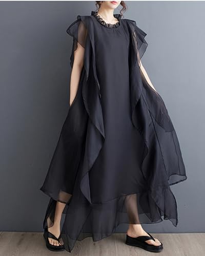 ellazhu Women's Short Sleeves Crewneck Solid Color Tulle Chiffon Dress GZ184 A4