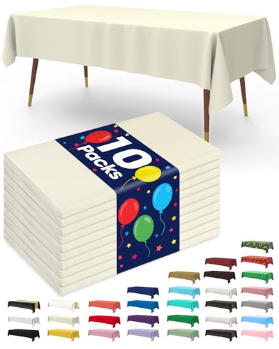Pureegg Plastic Table Cloth Disposable 10 Pack, 52 x 70 Inch Table Cloths, Party, Wedding, Thanksgiving Decorations, Fall Tablecloths, Rectangle, Beige Plastic Cover, Waterproof & Sturdy, Cream, Ivory