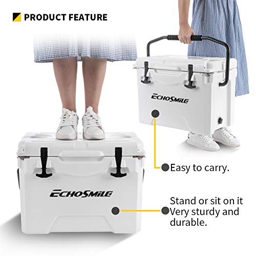 Echosmile 25 Quart White Rotomolded Cooler, Portable Ice Chest Cooler With Durable Handles, Fish Ruler, Cup Holder And Beer Openers, Keep Ice Up To 5Days For Camping, Fishing (30-Can Capacity) #TOP5