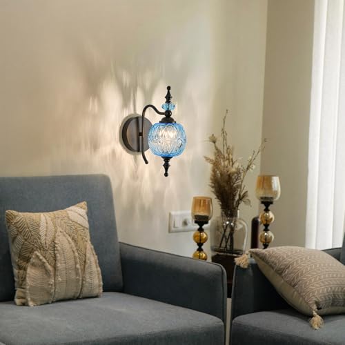 Image of Vintage Wall Sconces with Black Finish Bathroom Blue Wall Light Fixtures with Crystal Glass Shade for Bedroom Living Room Kitchen Hallway