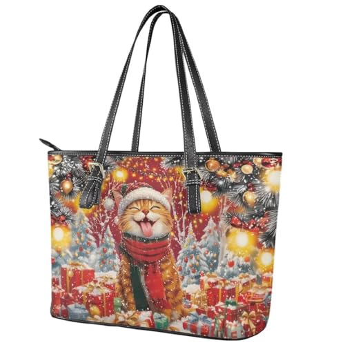Image of Coldinair Christmas Leather Tote Bag for Women with Zipper Large Shoulder Tote Bag Shopping Casual Travel Bag Handbag Purse