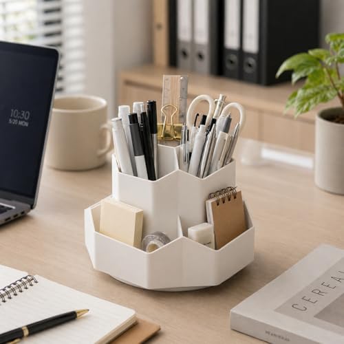 Image of AccuPrints Sumiko Sumiko Pencil Pen Holder for Desk,9 Slots 360 Degree Rotating Desk Organizers,Desktop Storage Stationery Supplies Organizer, Cute Pencil Cup Pot For Office, School, Home (White)