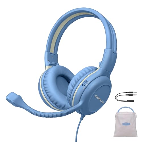 SIMOLIO Kids Headphones Wired with Microphone for Virtual School & Gaming, Safe Volume Cord Headphone with Flexible Rotatable Mic for Boys, Teens, Children, Lightweight Folding Headset for PC, Xbox