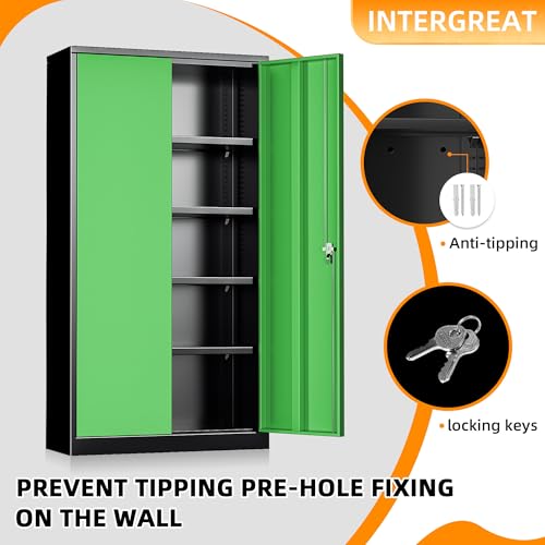Image of INTERGREAT Metal Storage Cabinet with Doors, 72 inch Locking Steel Storage Cabinet with Shelves, Tall Metal Cabinet Lockable Steel Cabinets for Home Office, Garage,(Black+Green)