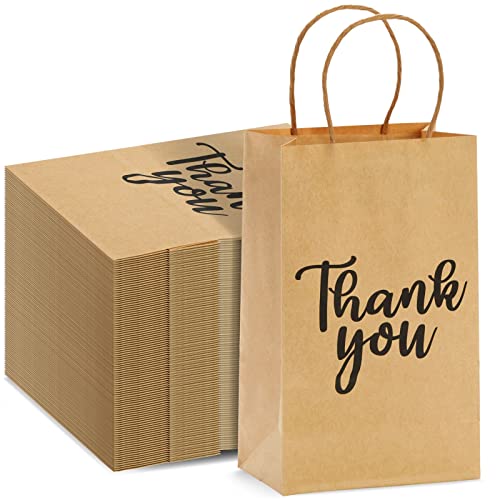 Sparkle and Bash 100-Pack Small Thank You Gift Bags with Handles, Brown Kraft Paper Bulk Bags for Weddings, Birthday Party Favors, Gift Wrapping, Retail Small Businesses (9x5.3x3 in)