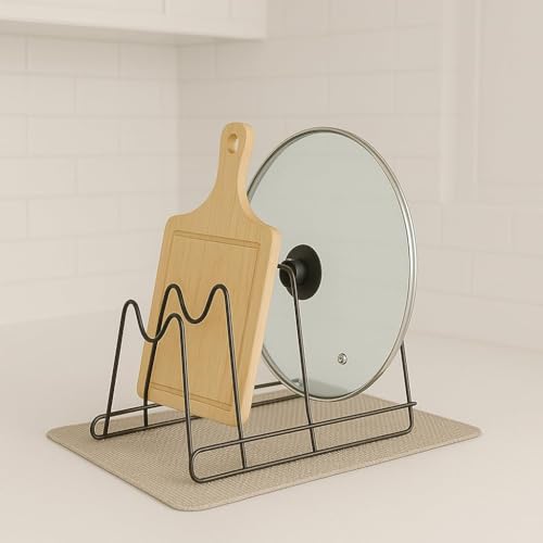 Image of inchBlack Iron Kitchen Organizer Rack - 3 Compartment Dish Rack, Pan & Tawa Stand, Pot Lid Holder, Chopping Board and Utensil Organizer for Countertop (6.5 x 7.5 x 7.75 Inches) inch