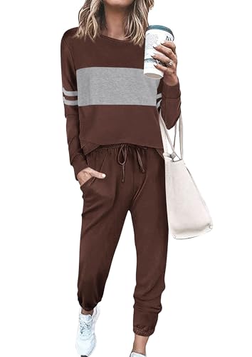 PRETTYGARDEN Womens 2 Piece Sets 2026 Long Sleeve Tops High Waisted Sweatpants Lounge Set Fall Fashion Travel Outfits (Brown,X-Large)