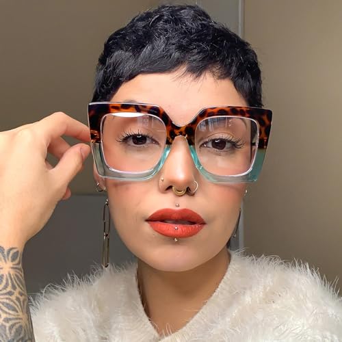 Image of Zeelool Chic Oversized Thick Square Blue Light Blocking Glasses for Women Qatar ZOP01892-06 Tortoise /Blue