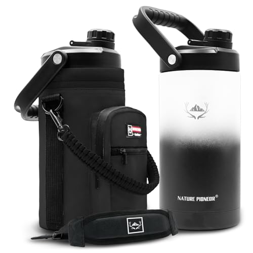 Image of NATURE PIONEOR Insulated Water Bottles with Strap - 64 oz Stainless Steel Vacuum Wide Mouth Bottle with Holder /Carrier /Sleeve - 18 /8 Food Grade 64oz Half Gallon Water Jug