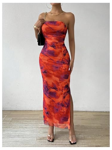 Image of GORGLITTER Women's Floral Strapless Bodycon Wedding Guest Dress Vacation Summer Birthday Tropical Maxi Long Sun Dresses