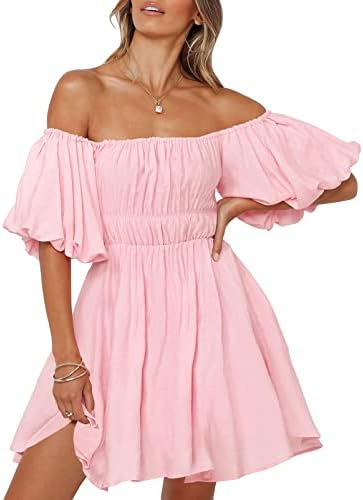 SYZRI Women's Summer Puff Sleeve Off Shoulder Mini Dress Ruffled A Line Flowy Swing Beach Dress with Pockets, Pink, Medium
