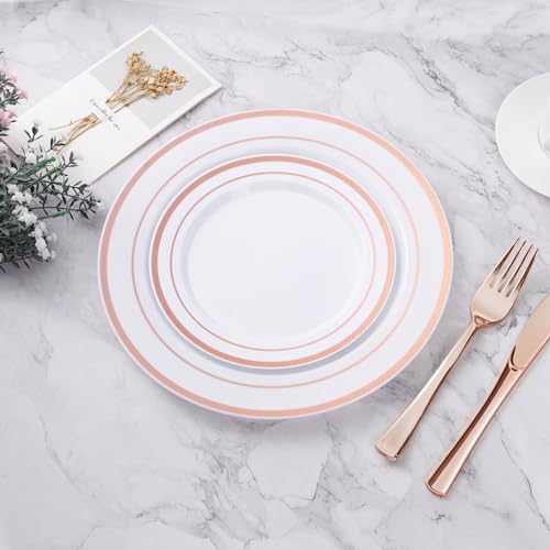 Bestvip 200Pcs Rose Gold Plastic Plate, Disposable Party Plates With 100 Dinner Plates And 100 Dessert Plates thumb #4