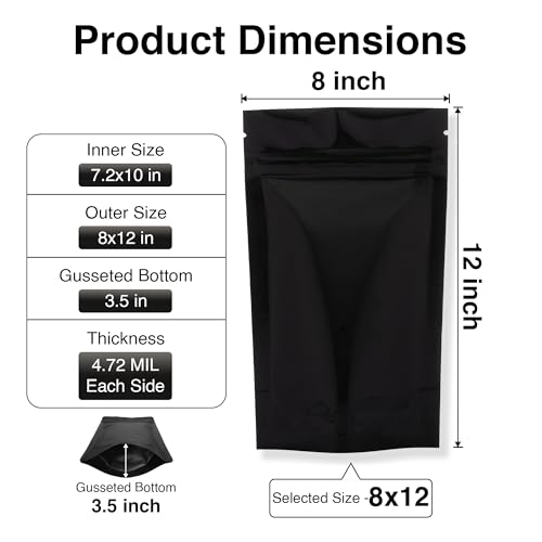 Image of BELLE KR 100pcs 2 Quart Black Mylar Bags with Gusseted Bottom - Extra Thick 4.72 Mil - 8 inchx12 inch Resealable Stand Up Mylar Ziplock Bags with Label Stickers