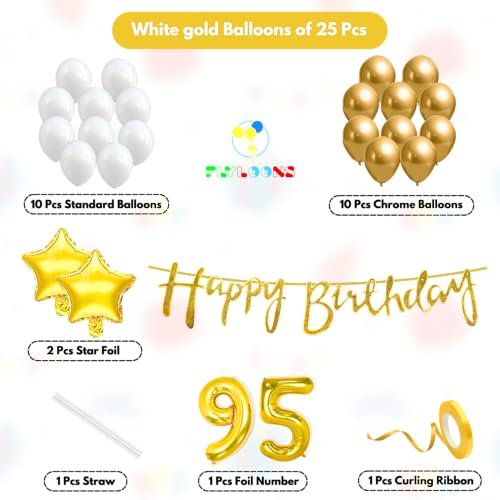 Image of Flyloons 95th Happy Birthday Decoration Kit Gold White for Boys Girls Men Women Adults With 20 Pcs Chrome Balloons Birthday Banner 2 Pcs Star Items Set Golden