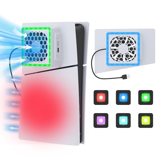 PS5 Slim Cooling Fan with PS5 Slim Plate for PS5 Slim Cover Cooler, PS5 Slim Accessories with 3 Level Cooling System Fan RGB LED Lights & 2 USB Charging HUB for PS5 Slim Digital and Disc Console