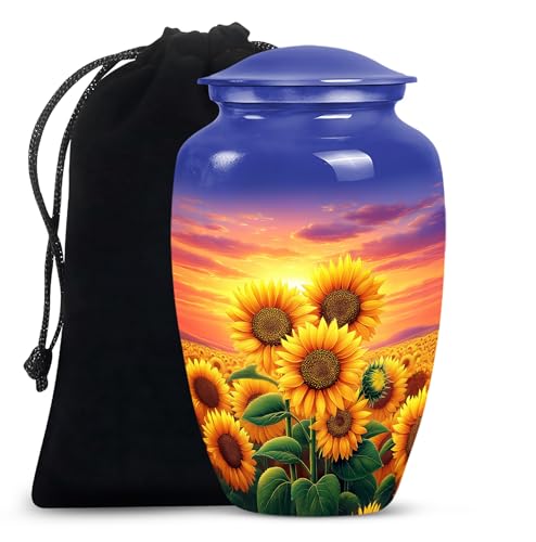 Image of Yellow Sunflower Urns for Human Ashes - Sunset Large Urns for Human Ashes Adult - Cremation Urn with Sunflowers for Adult Male and Female - Large Decorative Urn for Mother and Father 10inch