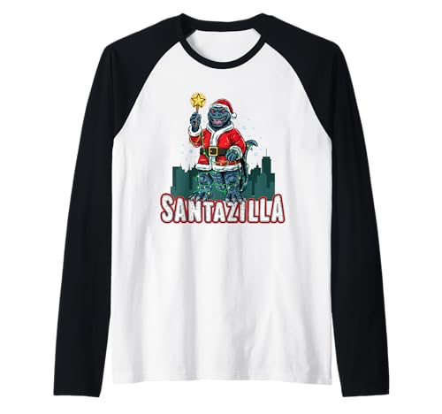 Christmas Santa Kaiju Japanese Monster Santazilla Funny Dino Raglan Baseball Tee