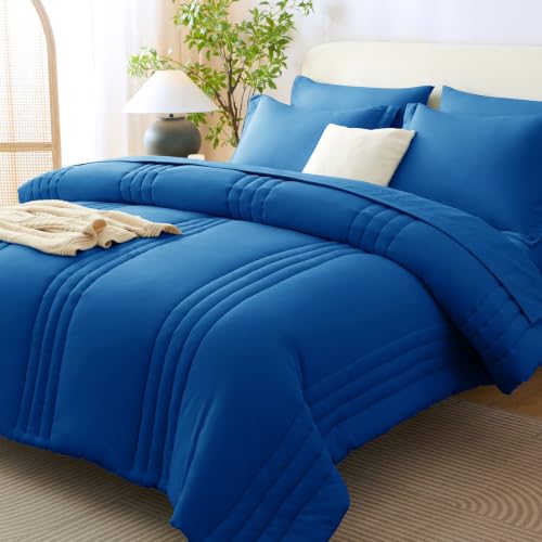 Image of CozyLux Queen Comforter Set Classic Blue - 7 Pieces Bed in a Bag, Modern Vertical Quilted Room Decor, Soft All-Season Bedding Gift with Comforter, Sheets, Pillowcases & Shams