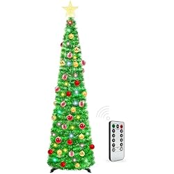 HISFFOG 5 Ft Prelit Tinsel Pop Up Christmas Tree with 8 Light Adjustment Modes 50 Remote Color Lights Battery Operated, Pencil Artificial Slim Tree Xmas Decoration Home Party Indoor Outdoor