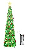 HISFFOG 5 Ft Prelit Tinsel Pop Up Christmas Tree with 8 Light Adjustment Modes 50 Remote Color Lights Battery Operated, Pencil Artificial Slim Tree Xmas Decoration Home Party Indoor Outdoor