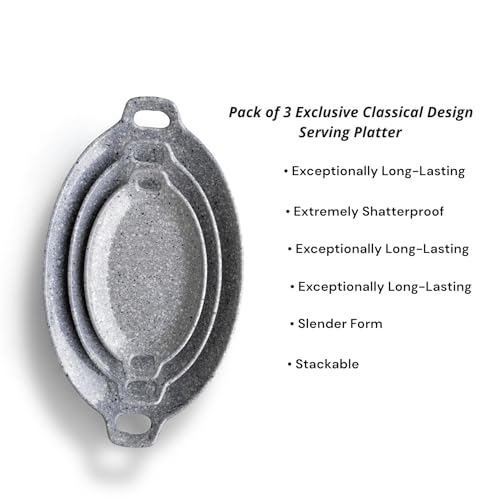 Image of Serving Platter | Melamine Snack Platter | Multi-Purpose Kitchen Serving Platter | Versatile Chip and Dip Tray for Snacks, Starters & Desserts | Lightweight & Dishwasher Safe | Set of 3 (GREY MARBLE)