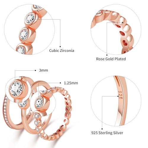 ANGELLIS 14K Gold Plated 925 Sterling Silver Stackable Rings Set Women Wedding Bands Eternity Rings Statement Rings Pave Cubic Zirconia 6