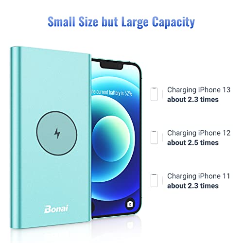 Bonai Wireless Portable Charger 12000Mah, Power Bank Aluminum Without Magnetic (8-Pin Iphone Input & Usb C High-Speed 3.0A Input/Output) Compatible Iphone 13 12 11 Ipad Samsung Android (W-Mint) #TOP1