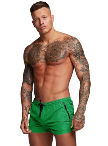 Mens Swim Trunks Quick Dry Swimwear Zipper Pockets, Swim Shorts with Mesh Lining Green