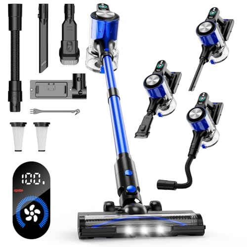 Aspiradora sin Cable, 50KPa/500W/60Min Aspirador sin Cable con 3 Modos, Pantalla, Cepillo Antienredos, Cargador de Pared, Aspirador Escoba Silencioso para Pelo de Animales/Alfombras/Suelos/Coches