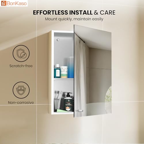 Image of BonKaso Premium Bathroom Cabinet with Mirror | 304 Stainless Steel Mirror Cabinet for Wash Basin & Bathroom Wall | Wall-Mounted Storage with Shelf (14x20 Inch, Chrome Finish)