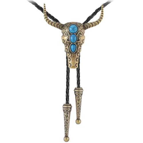 Image of GelConnie Longhorn Bull Bolo Tie for Men Native American Western Cowboy Leather Necktie Bolo Necklace for Women Gold Texas