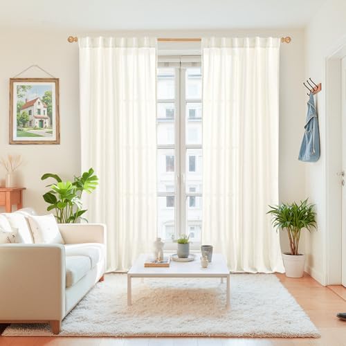 YoungsTex Ivory Linen Curtains 90 Inch Length for Living Room, Light Filtering Drapes with Rod Pocket Back Tab Rustic Semi Sheer for Country Bedroom Window, 2 Panels, 52 X 90 Inch by YoungsTex - Used condition - Image 2