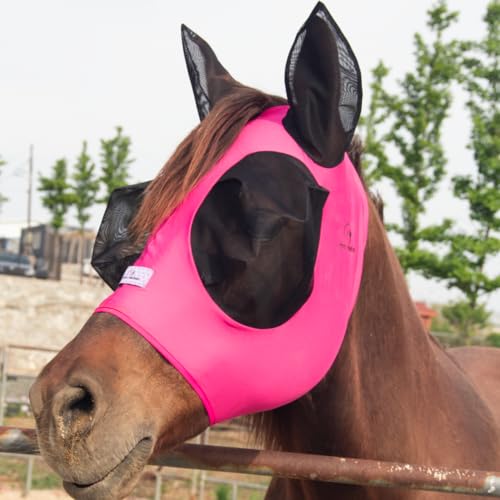 Horzmetnex Stretchy Horse Fly Mask with Extra-Large Eyes & Mane Opening – Soft, Breathable Fly Mask for Horses, Tangle-Free Design, Enhanced Visibility (Fuchsia, Cob (Medium))
