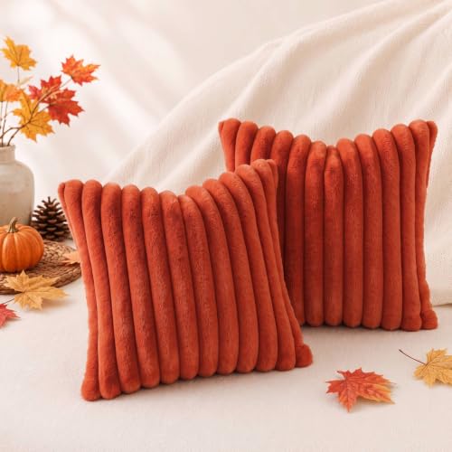 Image of Pallene Faux Fur Plush Fall Throw Pillow Covers 12x20 Set of 2, Luxury Soft Fluffy Striped Decorative Pillow Covers for Sofa, Couch, Living Room, Rust